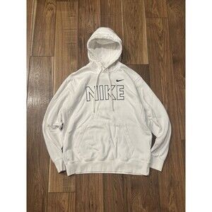 Nike Club Swoosh Hoodie Spellout Embroidered White Pullover Sweatshirt Sz L